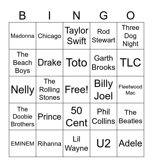 NAME THAT ARTIST Bingo Card