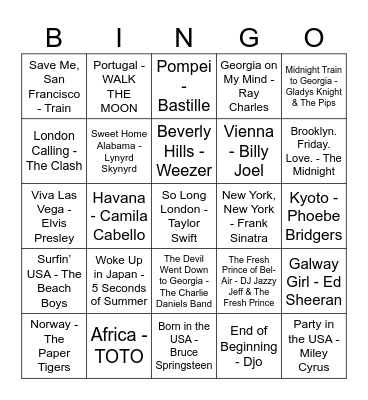 Music Bingo - Songs About Places Bingo Card