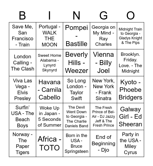 Music Bingo - Songs About Places Bingo Card