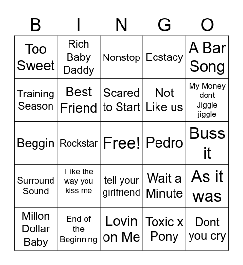 TIK TOK SONGS Bingo Card