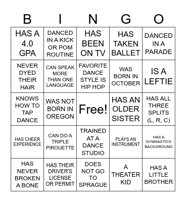 DANCE TEAM BINGO! Bingo Card