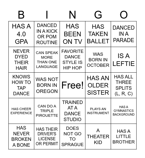 DANCE TEAM BINGO! Bingo Card