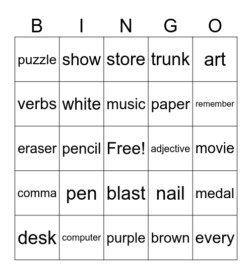 Spelling Words Bingo Card