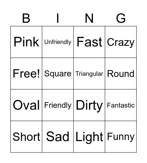 Adjetives Bingo Card