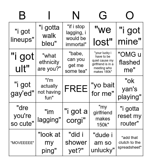 Things that I hear Cal say while playing Val Bingo Card