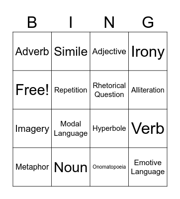 Language Features Bingo Card