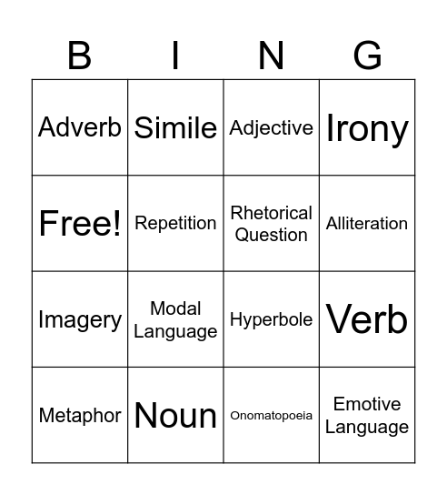 Language Features Bingo Card