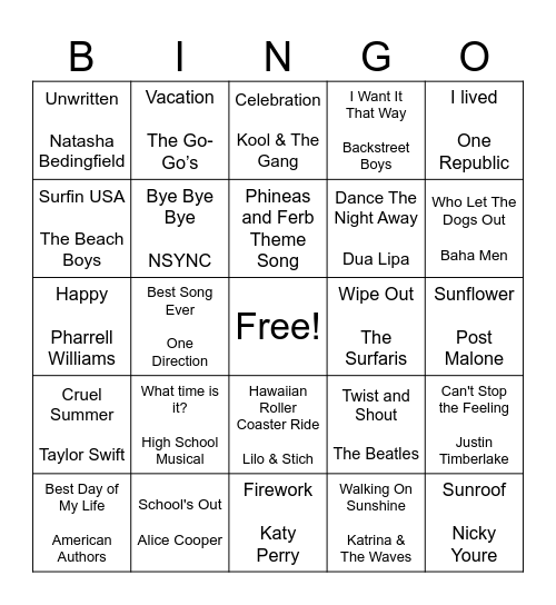 Summertime Music Bingo Card