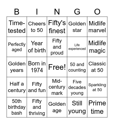 50th Birthday Bash Bingo Card