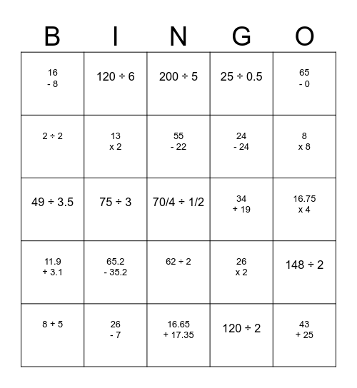 MATH Bingo Card