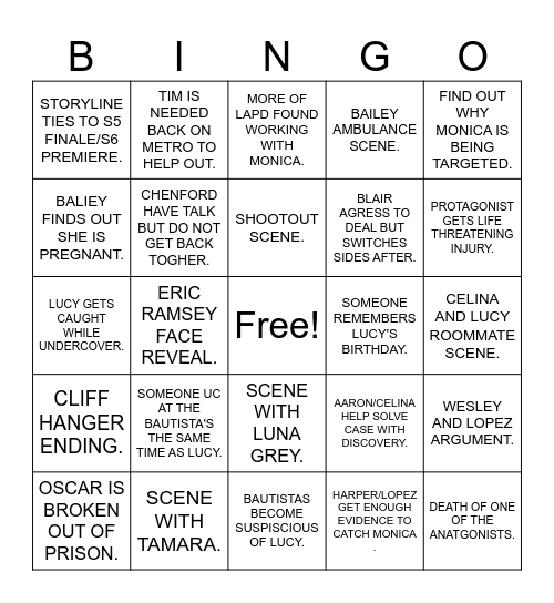 S6 Rookie Finale Bingo Card