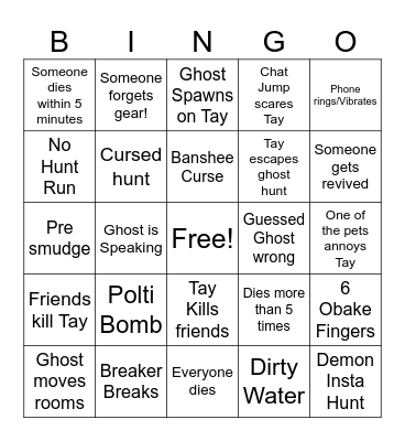 Phasmophobia bingo Card