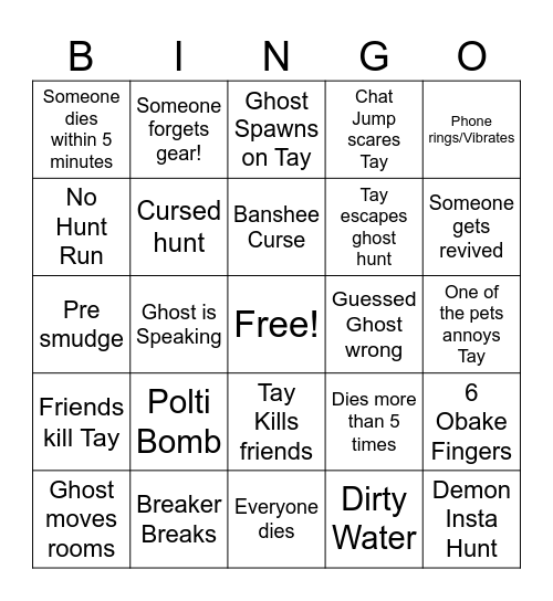 Phasmophobia bingo Card