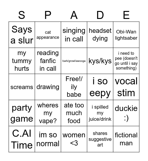 Spade Bingo Card