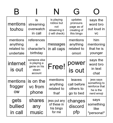 jess bingo Card