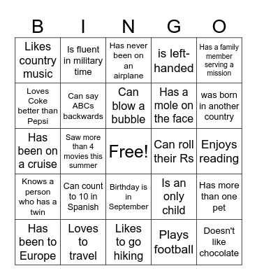 Getting to know you BINGO Card