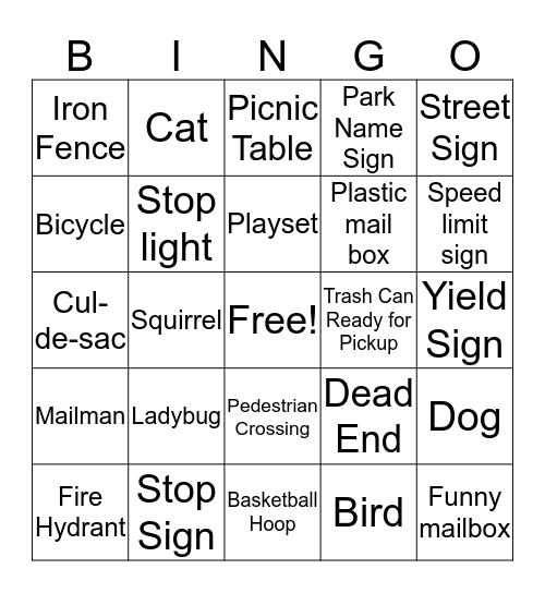 Neighborhood Scavenger Hunt Bingo Card