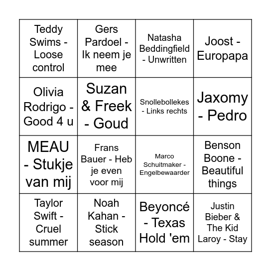 Muziekbingo kamp Bingo Card