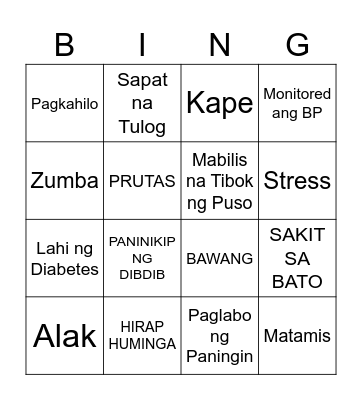 Hypertension Bingo Card