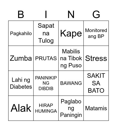 Hypertension Bingo Card