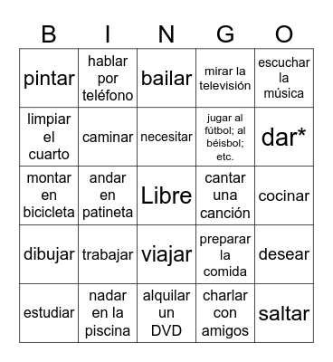 AR verbs Infinitives Bingo Card