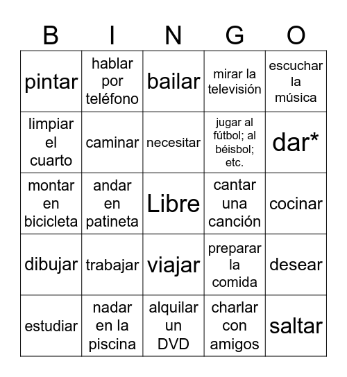 AR verbs Infinitives Bingo Card