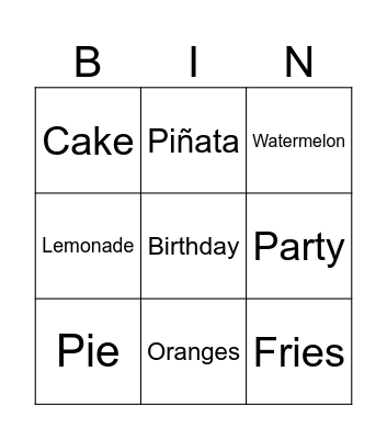 Birthday Party! Bingo Card