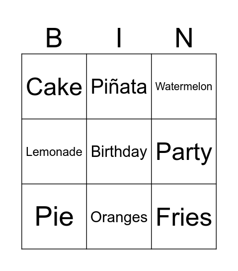 Birthday Party! Bingo Card