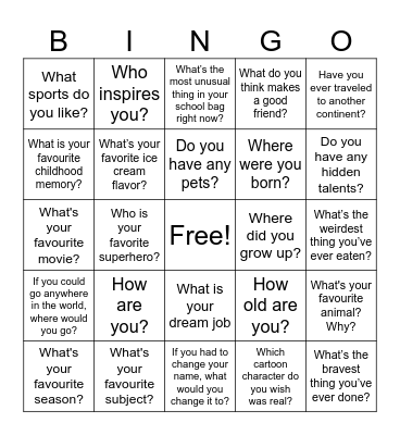Warm up Bingo Card