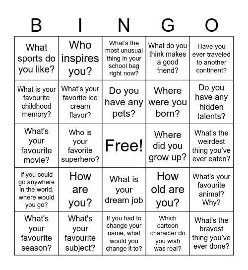 Warm up Bingo Card