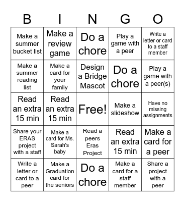 Summer Countdown Activities Bingo Card