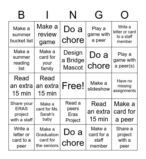 Summer Countdown Activities Bingo Card
