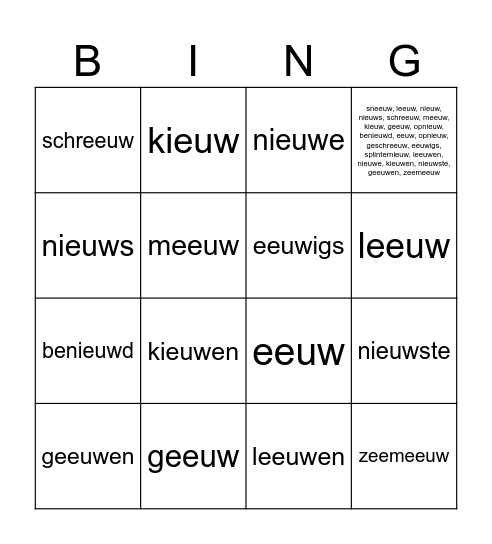 eeuw-ieuw-woorden Bingo Card