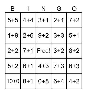 Basic Addition Facts (K-1) Bingo Card