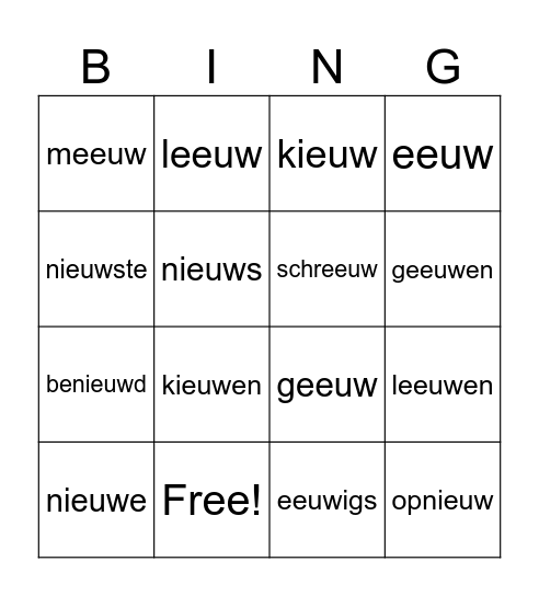 eeuw-ieuw-woorden Bingo Card