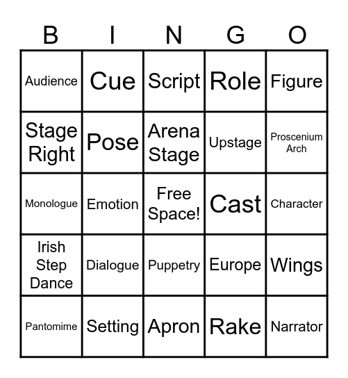 Performing Arts Terms Bingo Card