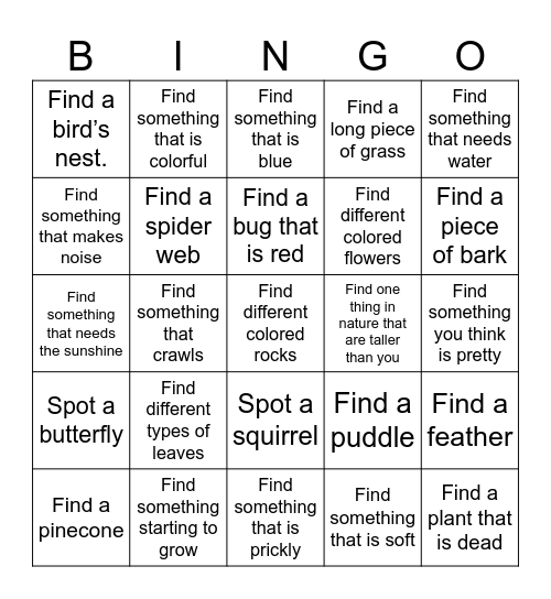 Nature Walk Bingo Card