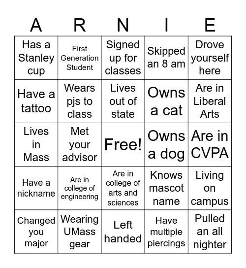 Transfer Orientation Bingo Card