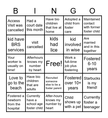 Foster Parent Bingo Card