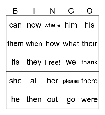 sight words Bingo Card