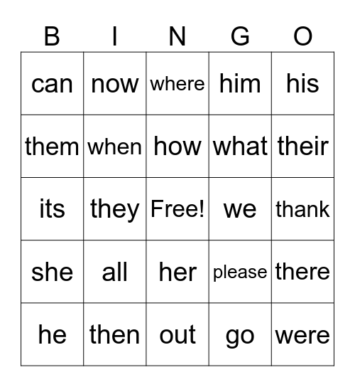 sight words Bingo Card