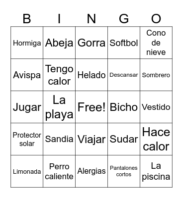 Spanish Summer Words Bingo Card