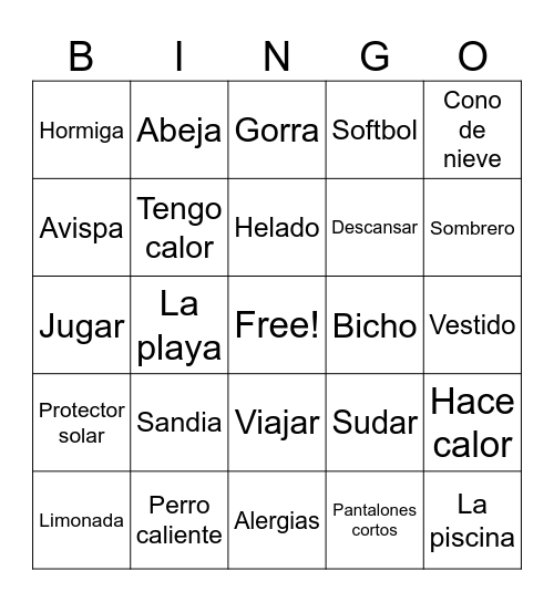 Spanish Summer Words Bingo Card