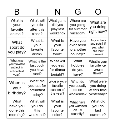 Ice Breaker Bingo - ESL A2/B1 Bingo Card