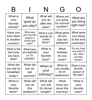 Ice Breaker Bingo - ESL A2/B1 Bingo Card