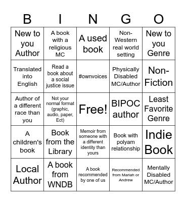 Friend Group Reading Bingo Card