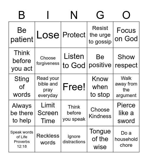 Self-Control Bingo Card