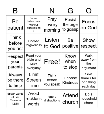 Self-Control Bingo Card