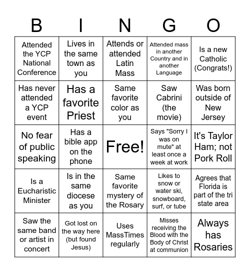 YCP NJ Anniversary Party Bingo Card