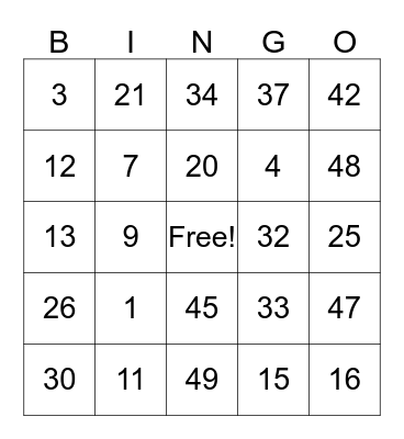 Freeman Family Bingo Card